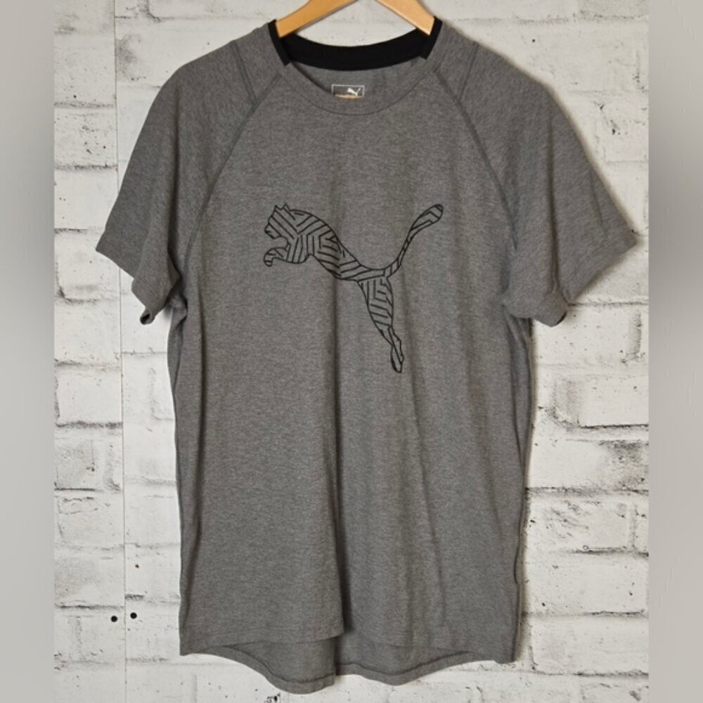 Puma Mens Large Gray Black Logo Athletic T Shirt Performance Casual Tee
